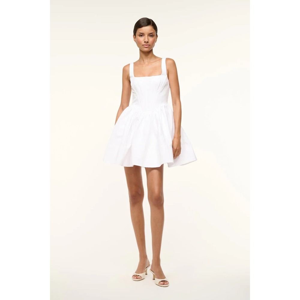 STAUD *FLAWED* Landscape Bustier Corset Mini Dress White Size 8 Babydoll Glam‎